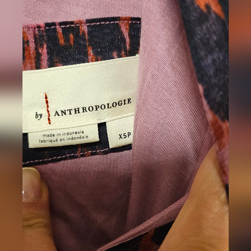 By Anthropologie Purple Printed V- Neck Ruched-Sleeve Mesh Lined Maxi Dress,XSP - Picture 4 of 12